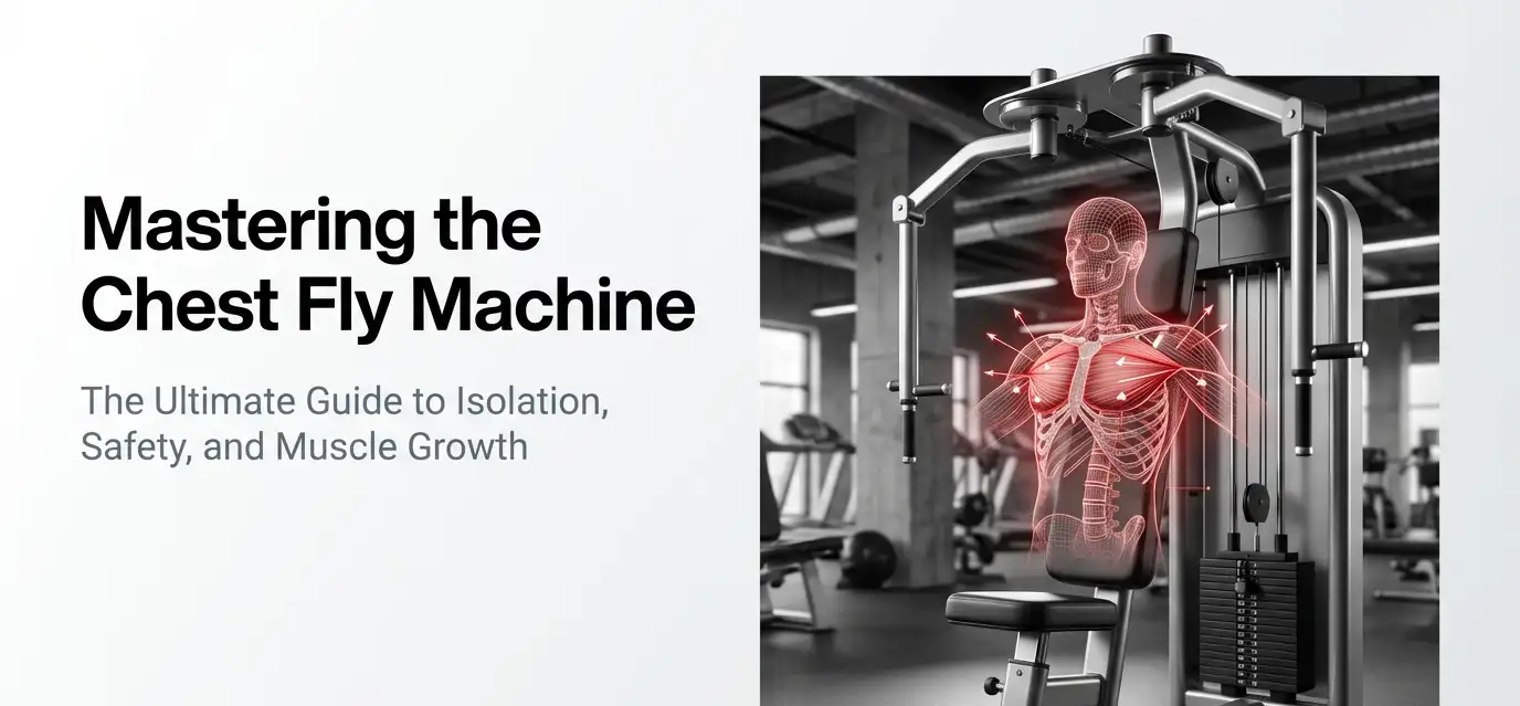 Chest Fly Exercise Machine showing a seated gym machine with highlighted chest muscles, demonstrating proper chest fly movement for muscle isolation, safety, and muscle growth.