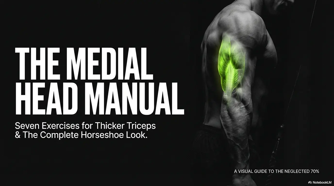 A dark, high-contrast fitness poster titled “The Medial Head Manual” showing a muscular male from the back with the medial head of the triceps highlighted in green, promoting Medial Head Tricep Exercises for thicker arms and a complete horseshoe look.