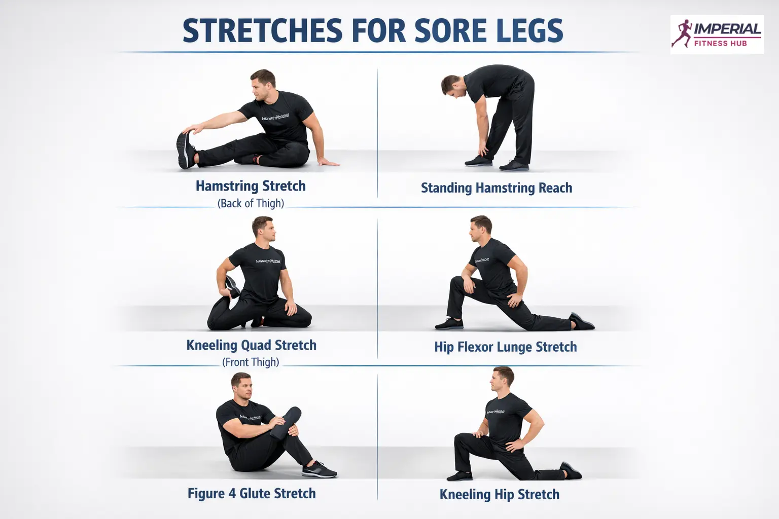 Professional fitness infographic titled “Stretches for Sore Legs” showing an athletic male model in black workout clothing demonstrating six recovery stretches (hamstring stretch, standing hamstring reach, kneeling quad stretch, hip flexor lunge stretch, figure-4 glute stretch, kneeling hip stretch) in a clean studio background with Imperial Fitness Hub logo in the corner.
