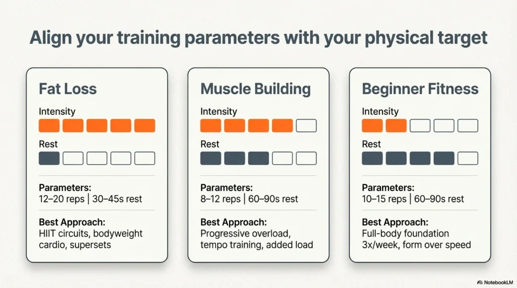 An infographic titled “Complete Home Workout Guide” showing three training goals: Fat Loss, Muscle Building, and Beginner Fitness. Each section outlines intensity levels, rest periods, recommended reps, and best approaches such as HIIT for fat loss, progressive overload for muscle building, and full-body routines for beginners.