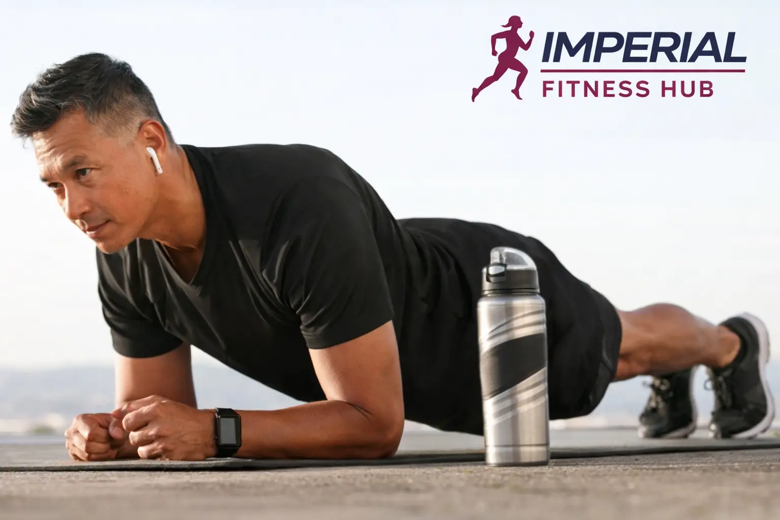 Man performing Bodyweight Forearm Exercises Grip Strength workout outdoors on a mat, wearing black sportswear with a water bottle nearby.