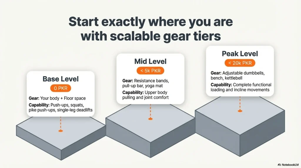 An infographic titled “Complete Home Workout Guide” showing three scalable home workout gear levels: Base Level (0 PKR) using bodyweight exercises, Mid Level (<5k PKR) with resistance bands and basic equipment, and Peak Level (<20k PKR) featuring adjustable dumbbells, bench, and kettlebell. The design illustrates a progression system with increasing capability and training options.