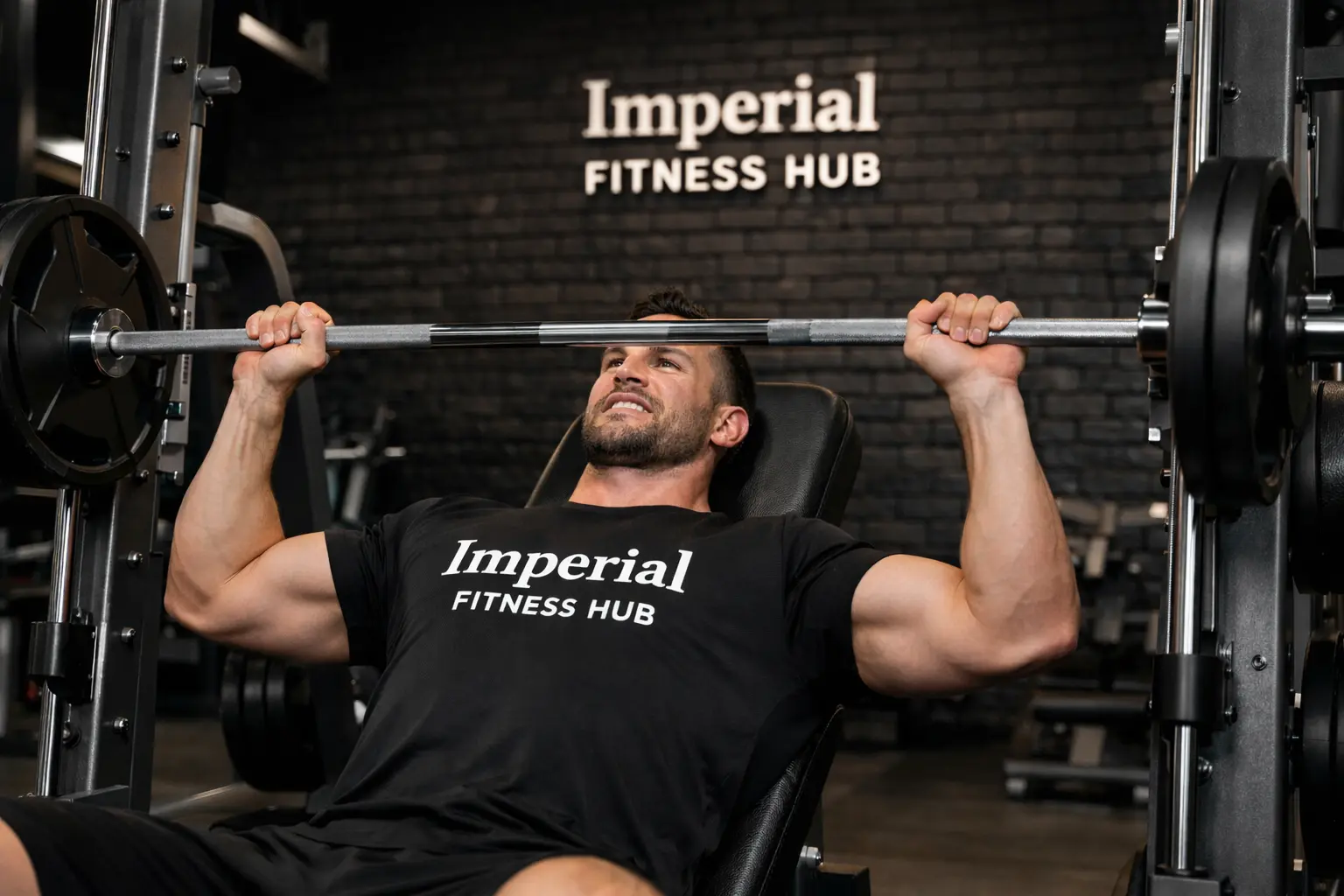 Muscular man performing incline bench press on a Smith machine chest exercises in a modern gym with Imperial Fitness Hub branding on shirt and wall.