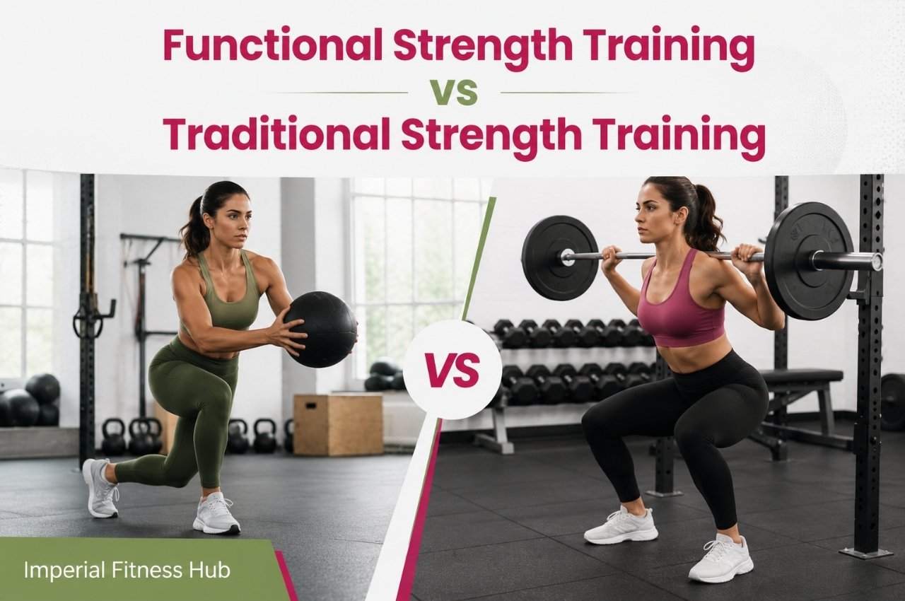 Woman doing a medicine ball lunge beside another woman doing a barbell squat, comparing functional strength training vs traditional strength training.