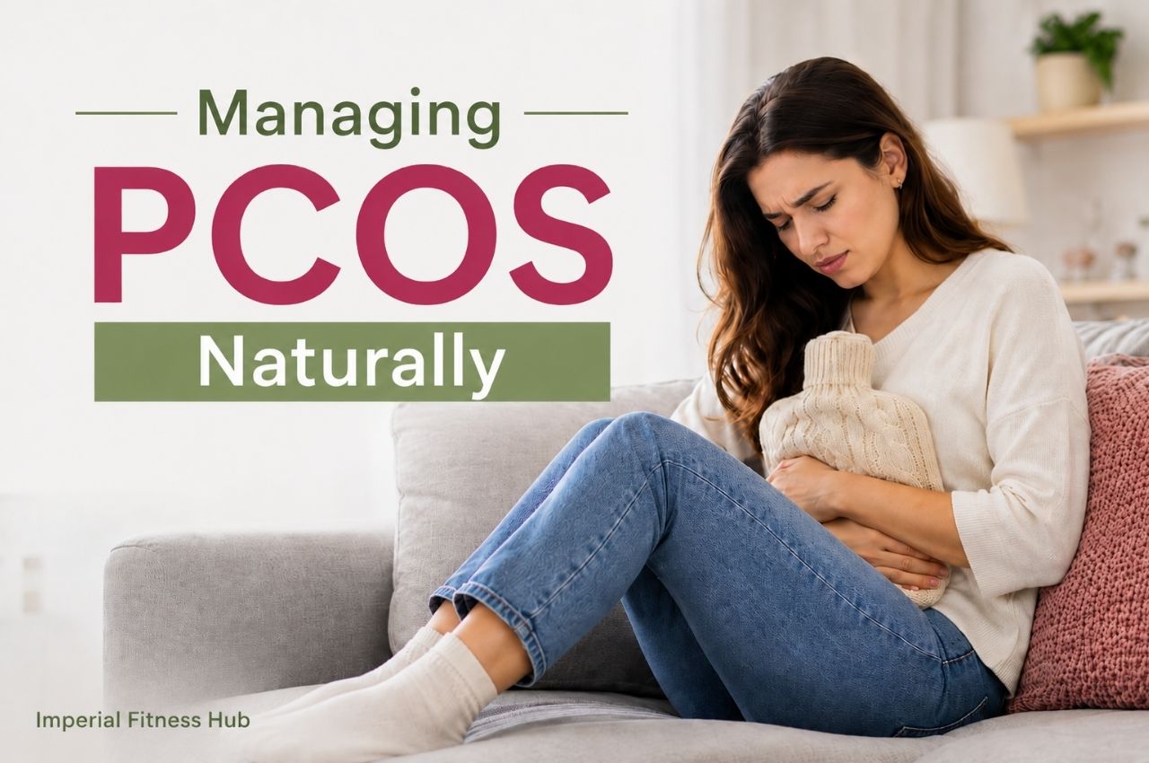 Woman sitting on a sofa holding her stomach, with “Managing PCOS Naturally” text, representing natural PCOS symptom support.