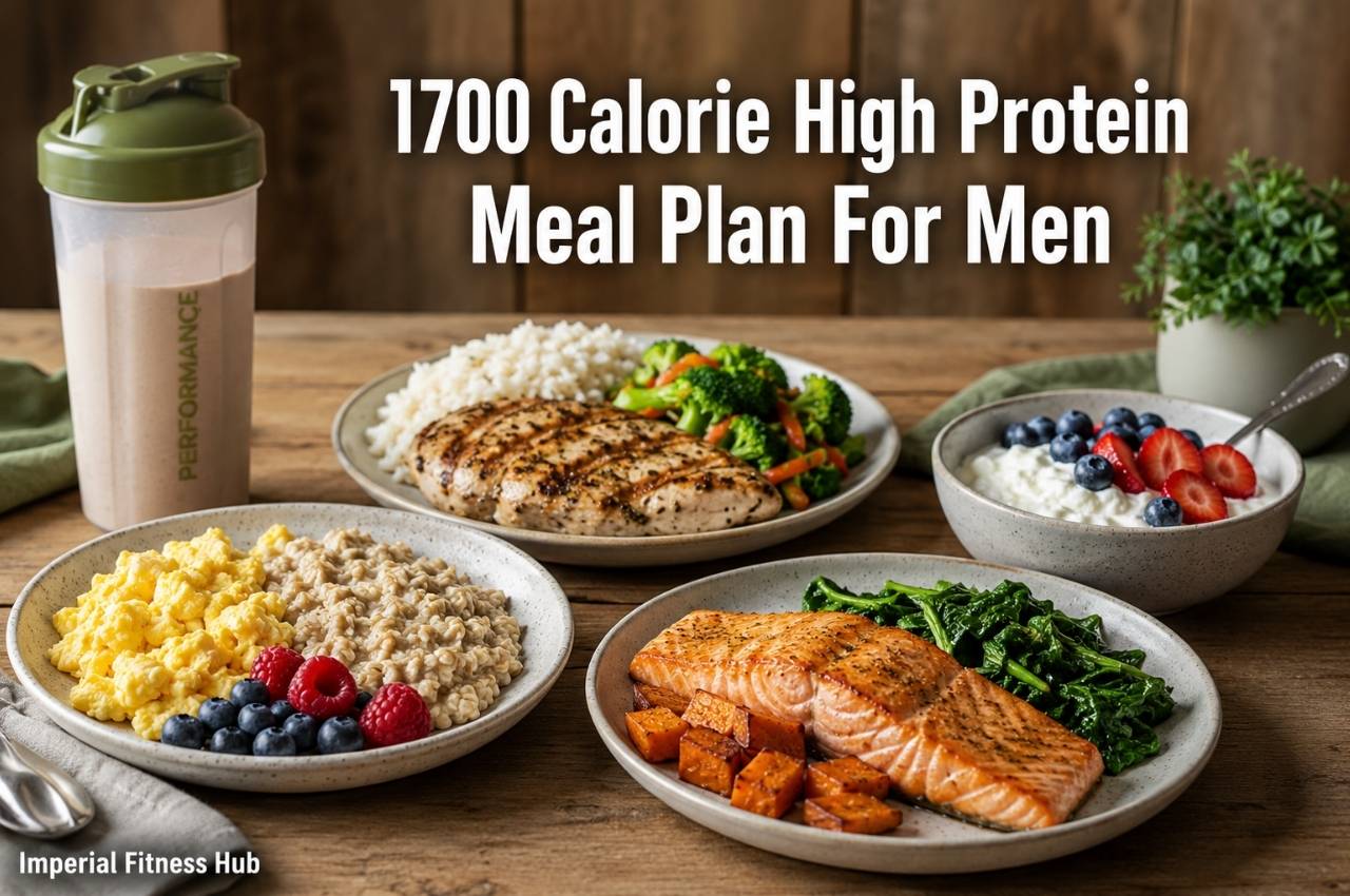 1700 calorie high protein meal plan for men with healthy protein-rich foods on a wooden table.