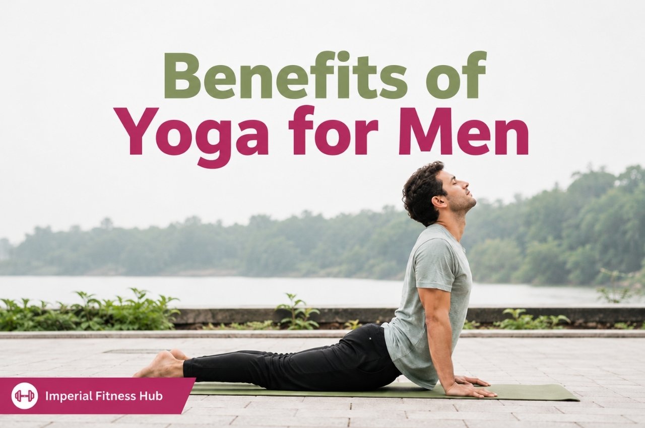 A man practicing yoga in cobra pose outdoors near calm water with the text "Benefits of Yoga for Men" and the website tag "Imperial Fitness Hub" at the bottom left.