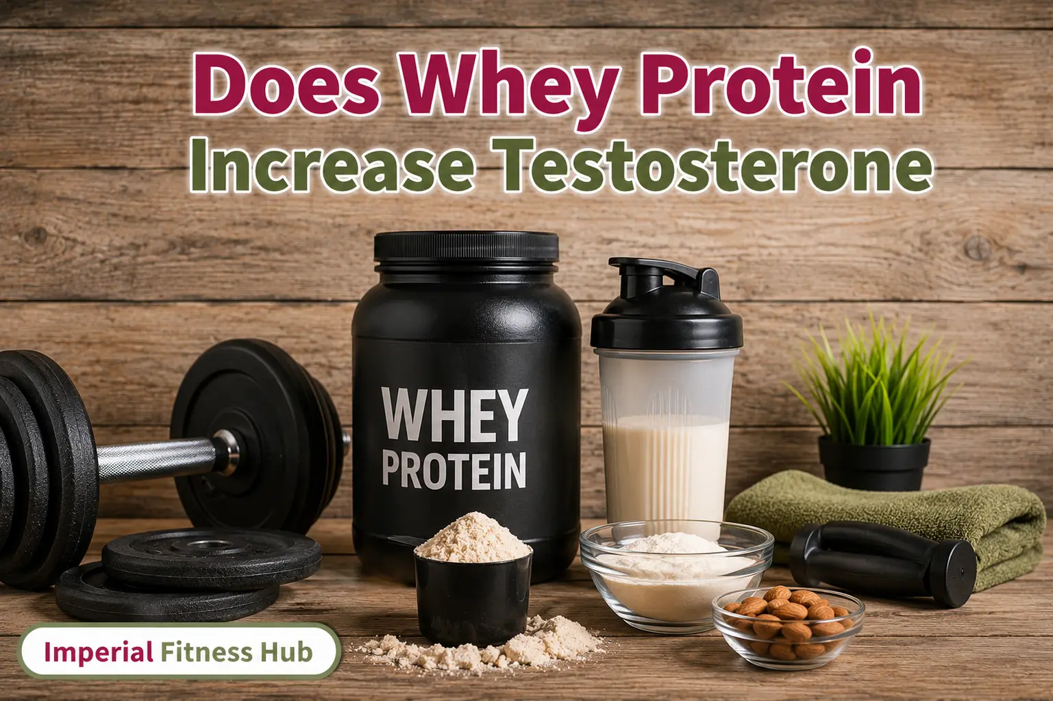 Does whey protein increase testosterone?featured image showing whey protein powder, shaker bottle, dumbbell, almonds, and fitness supplements on a wooden table with a rustic wood wall background.
