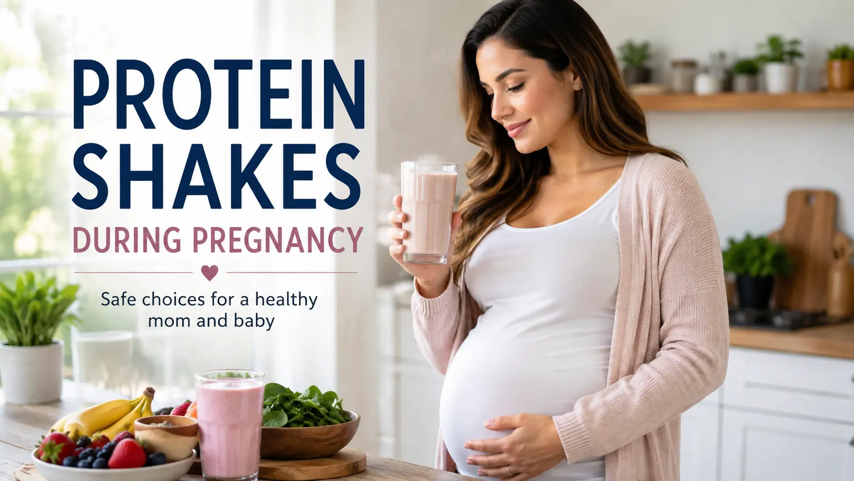 Pregnant woman holding a healthy protein shake during pregnancy in a bright kitchen.