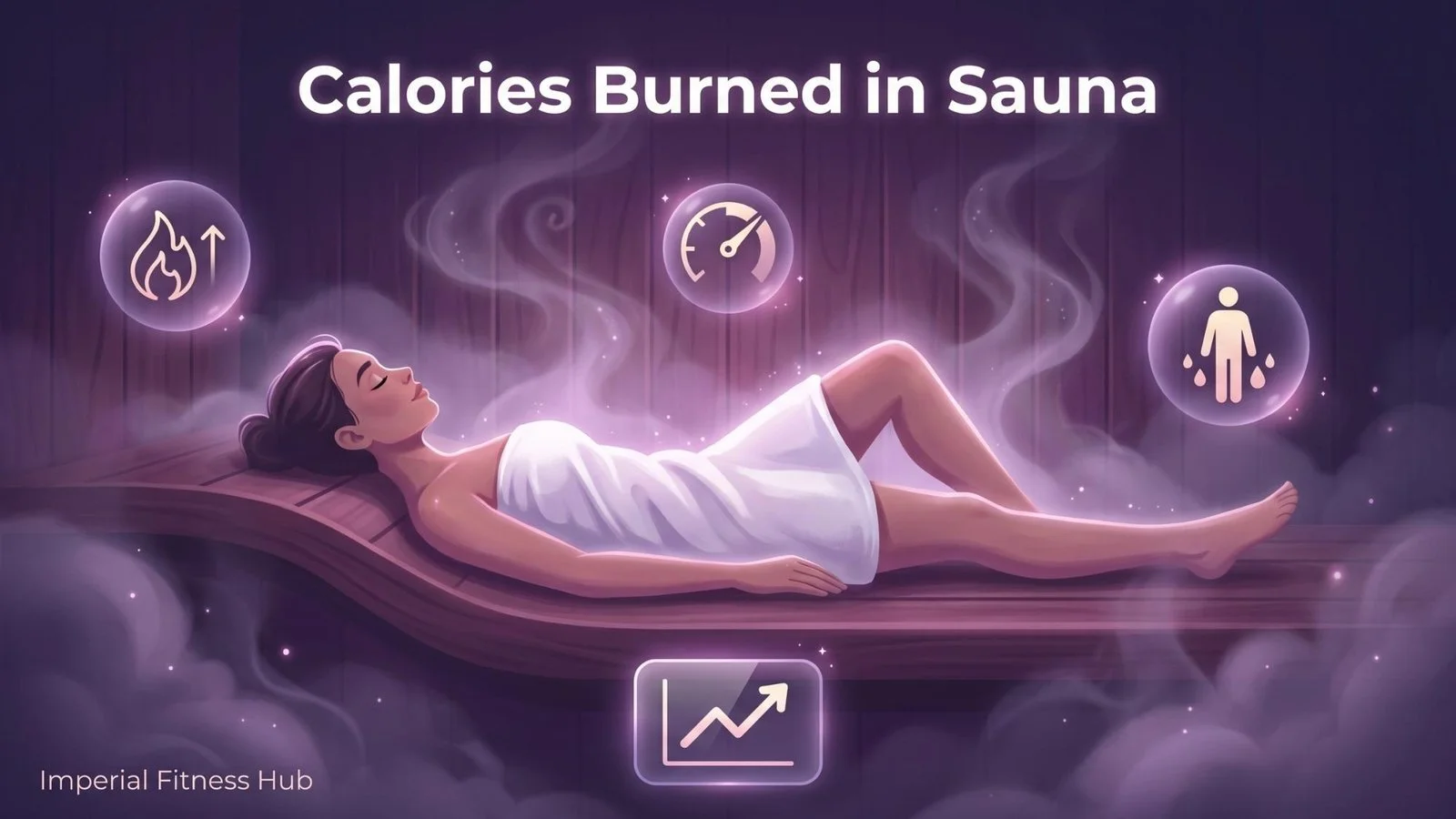 Calories burned in sauna illustration showing a woman lying on a wooden sauna bench with floating icons for fat burn, metabolism boost, and weight loss.