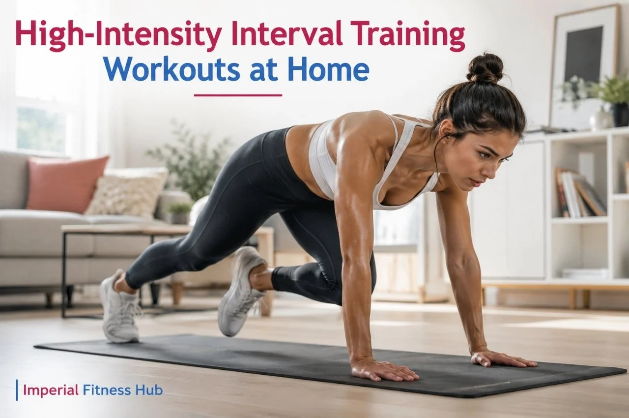 A woman is doing high-intensity interval training workouts at home on an exercise mat, performing mountain climbers in a bright living room for a home HIIT fitness routine.