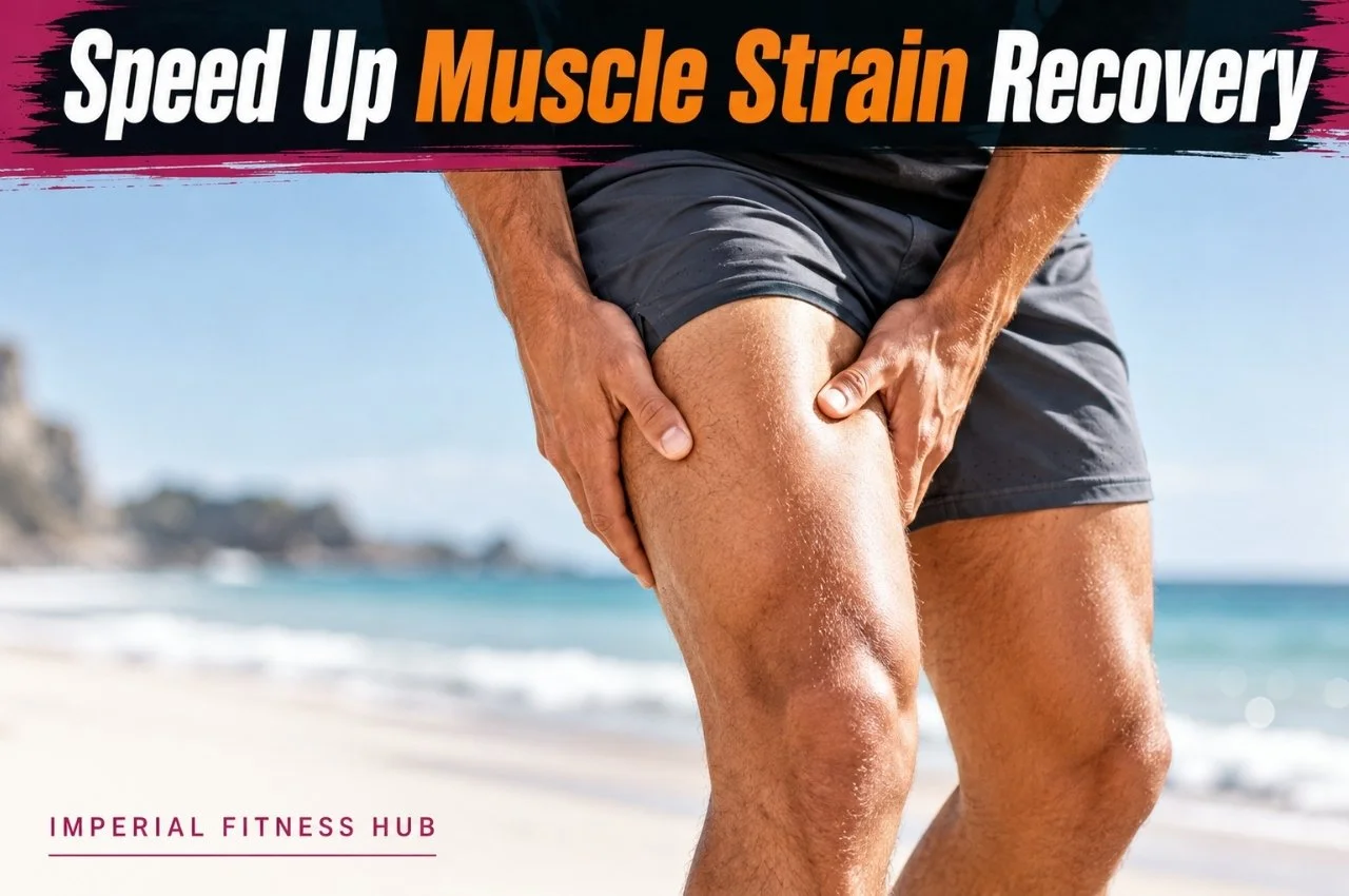A male athlete on a beach gripping his upper thigh with both hands due to muscle strain pain, with bold text overlay reading "Speed Up Muscle Strain Recovery" and Imperial Fitness Hub branding at the bottom left.