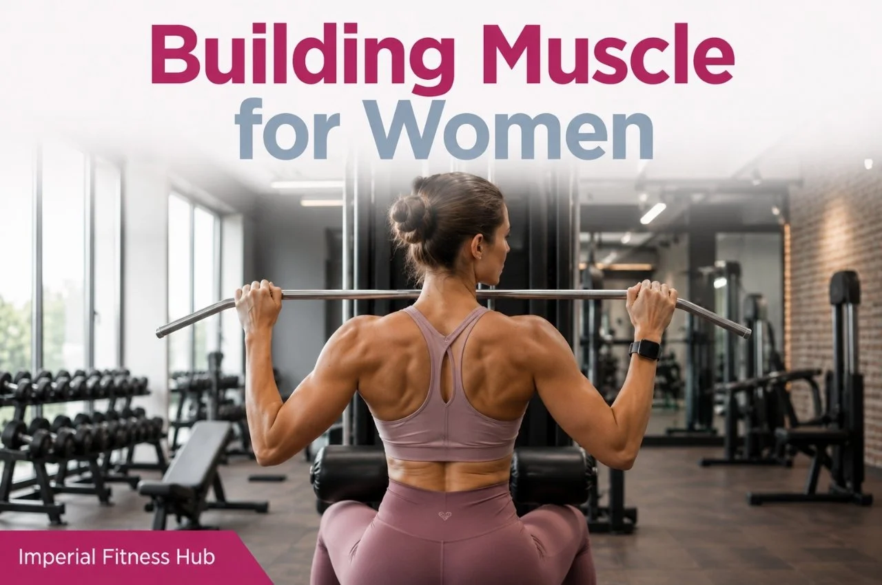 A woman doing a lat pulldown in a modern gym with the text “Building Muscle for Women” and Imperial Fitness Hub branding.