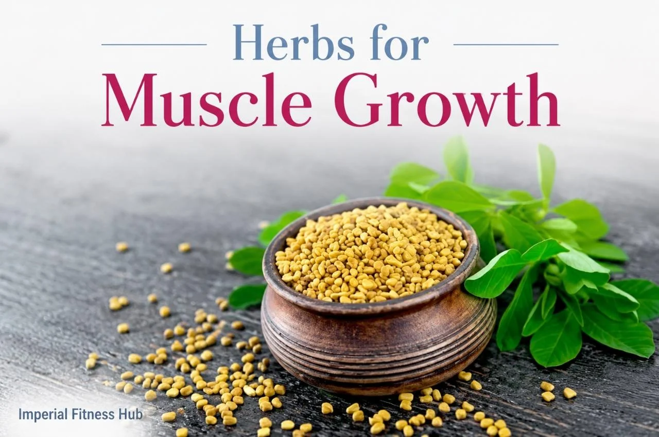 A rustic bowl filled with yellow fenugreek seeds placed on a dark wooden surface, with fresh green fenugreek leaves beside it, illustrating natural herbs for muscle growth. Text overlay reads "Herbs for Muscle Growth" and "Imperial Fitness Hub.