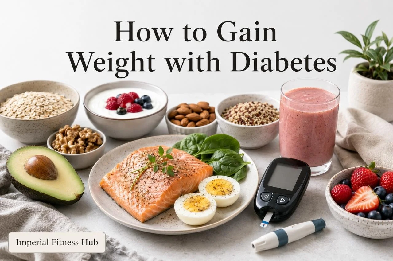 How to Gain Weight with Diabetes featured image showing healthy foods like salmon, eggs, avocado, oats, nuts, yogurt, berries, and a glucose meter for safe diabetes-friendly weight gain.