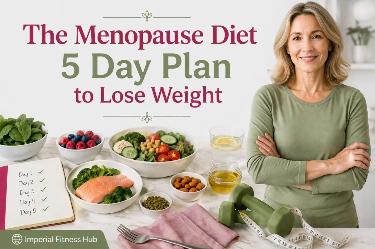 The Menopause diet 5 day plan to lose weight woman with healthy foods, salmon, berries, and dumbbells