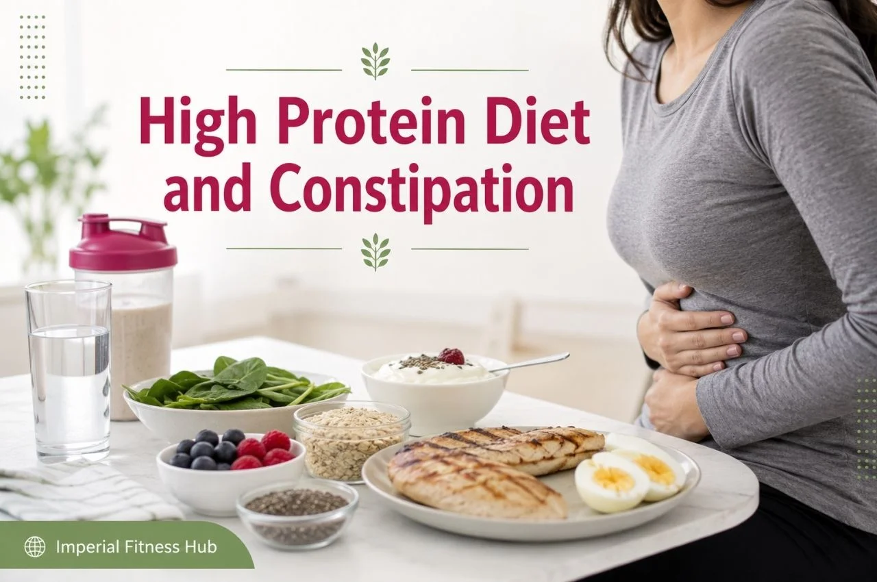 Woman holding her stomach at a table with high-protein foods, illustrating digestion issues. Text: High Protein Diet and Constipation.