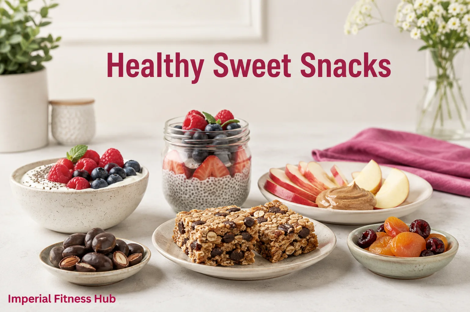 Healthy sweet snacks including Greek yogurt with berries, chia pudding, oat bars, apple slices with almond butter, dark chocolate nuts, and dried fruit.
