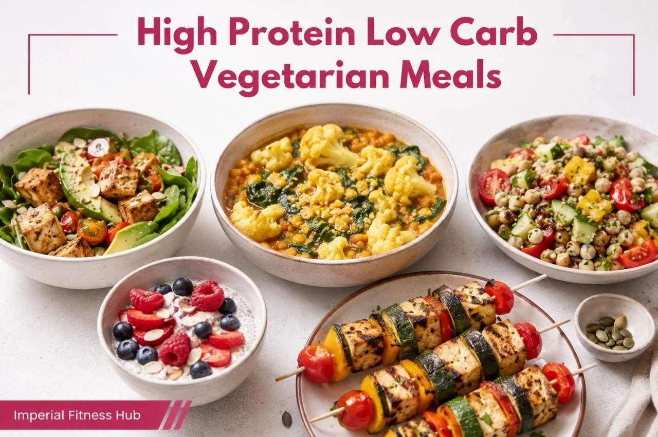 Five high protein low carb vegetarian meals including tofu salad, cauliflower curry, chickpea salad, chia pudding with berries, and grilled tofu veggie skewers.