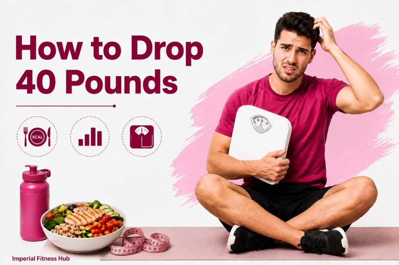 Man holding a weighing scale with healthy food and fitness items beside the title “How to Drop 40 Pounds.”