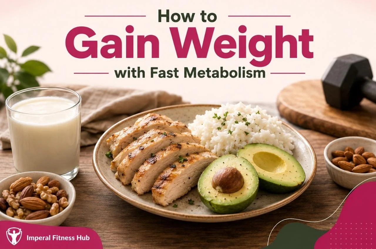 How to Gain Weight with Fast Metabolism featured image showing a healthy bulking meal with grilled chicken, rice, avocado, milk, and nuts on a wooden table.
