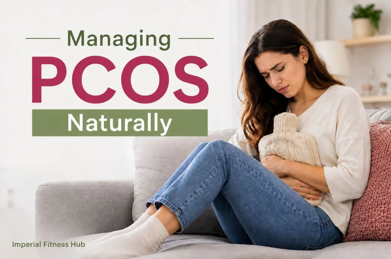 Woman sitting on a sofa holding her stomach, with “Managing PCOS Naturally” text, representing natural PCOS symptom support.
