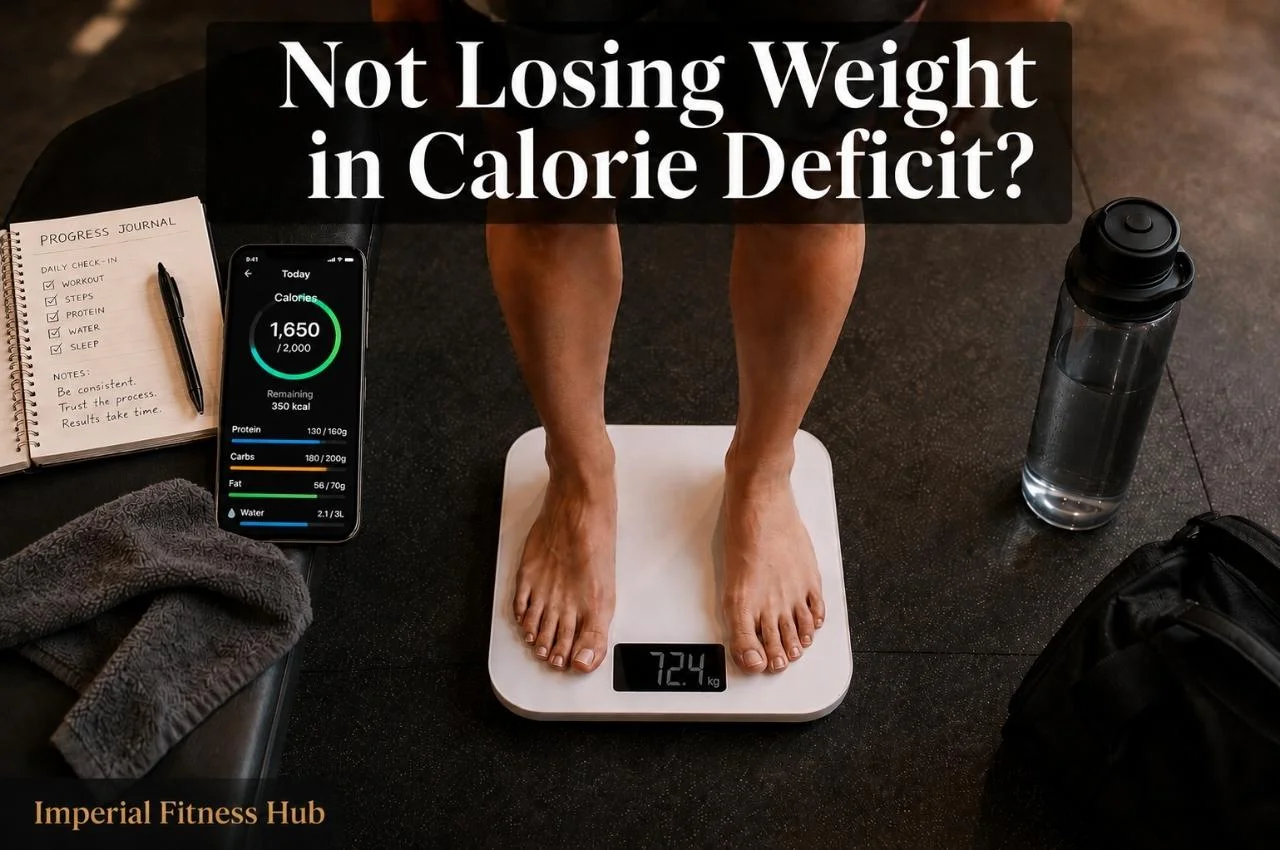 A person standing on a digital weighing scale showing 72.4 kg, surrounded by a calorie tracking app on a smartphone displaying 1,650/2,000 calories, a progress journal, a water bottle, and a gym towel on a dark floor — with bold text overlay reading "Not Losing Weight in Calorie Deficit?" and the Imperial Fitness Hub branding at the bottom left.