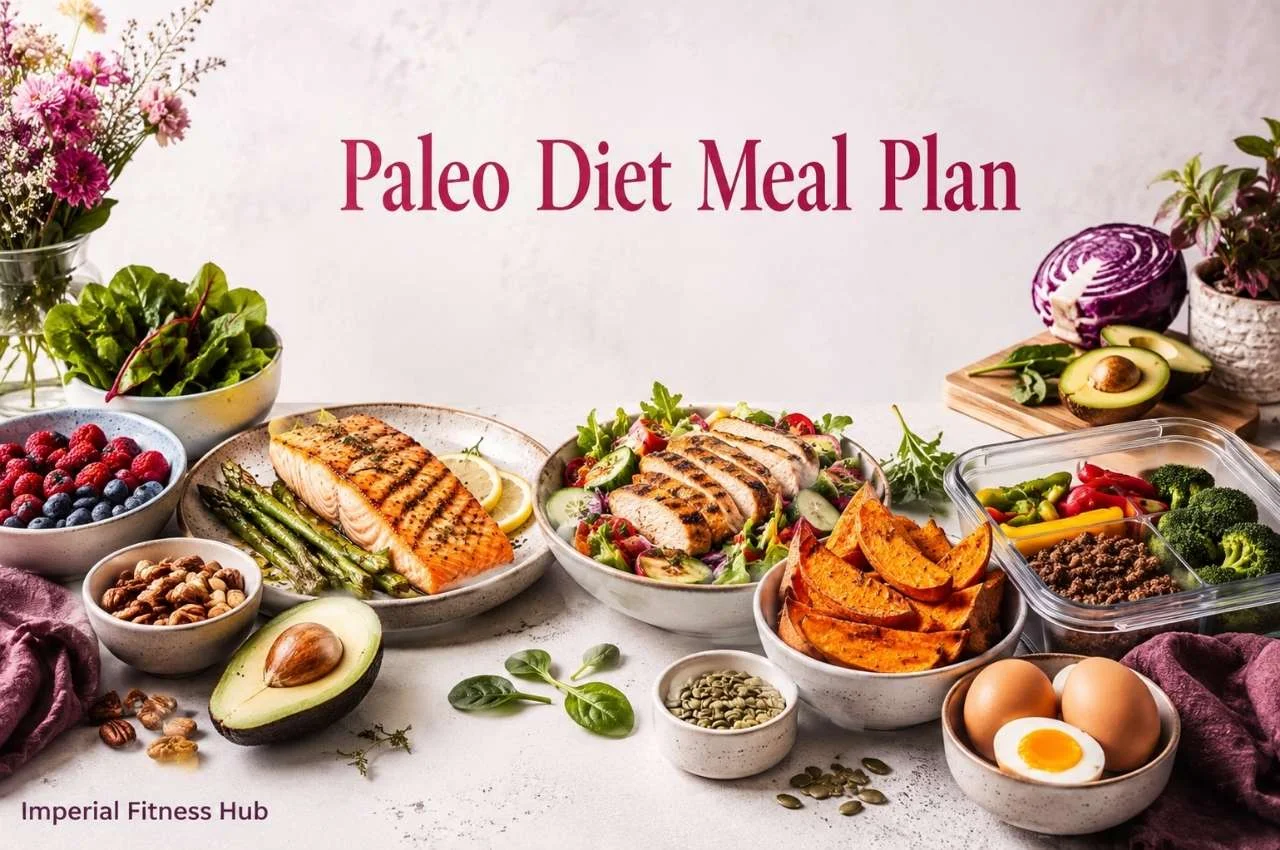 Colorful Paleo diet meal prep with salmon, chicken salad, eggs, avocado, sweet potatoes, berries, and nuts. Title 'Paleo Diet Meal Plan' on top, 'Imperial Fitness Hub' at bottom-left.