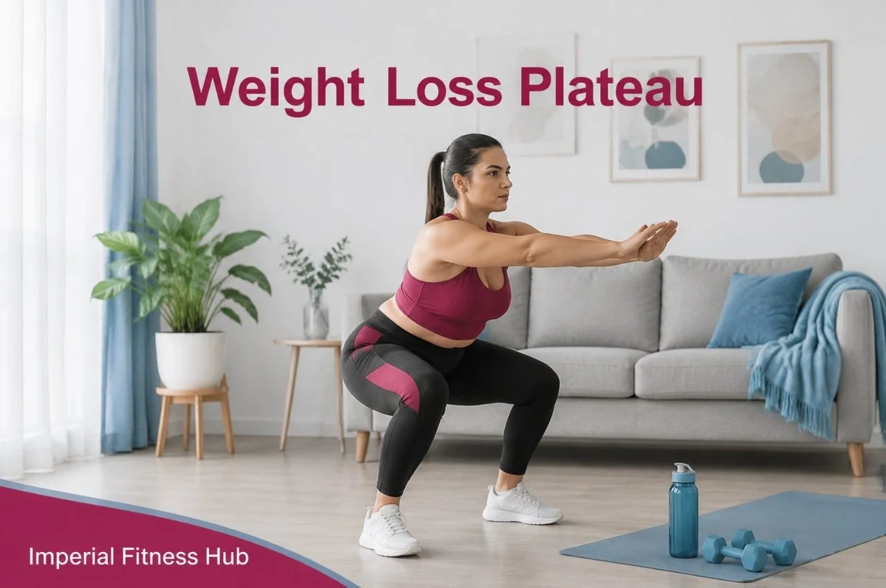 Woman performing a squat at home on a yoga mat with dumbbells and water bottle nearby, with text 'Weight Loss Plateau at the top and 'Imperial Fitness Hub' at the bottom corner.