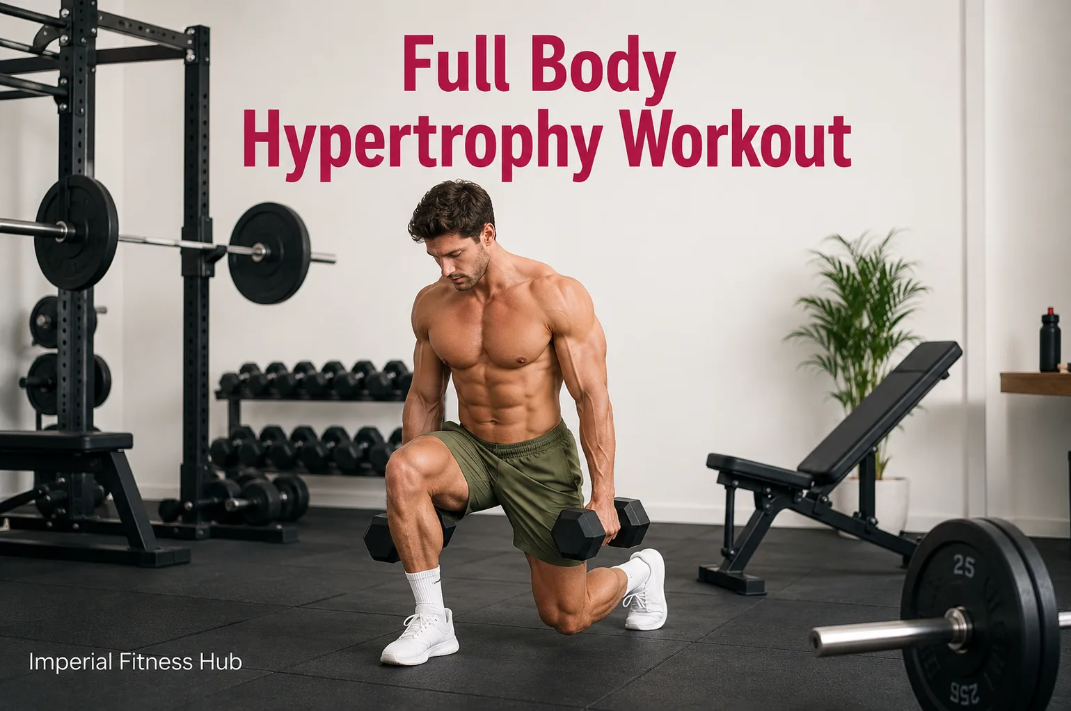 Full Body Hypertrophy Workout image showing a muscular man performing dumbbell lunges in a modern gym with exercise equipment in the background.