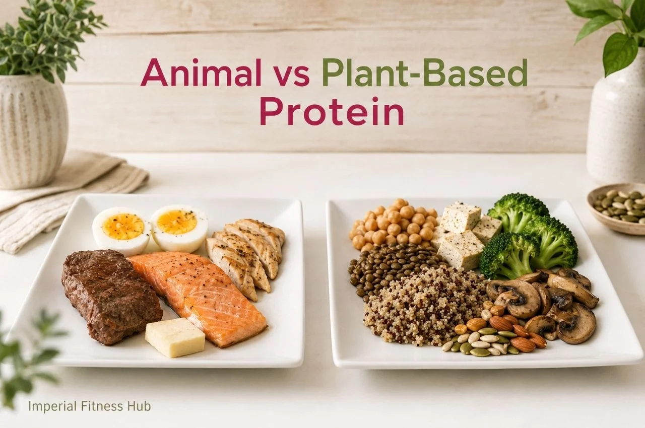 Animal vs plant-based protein comparison showing two white plates — one with steak, salmon, grilled chicken, eggs, and butter, the other with chickpeas, tofu, quinoa, lentils, broccoli, mushrooms, and mixed nuts.
