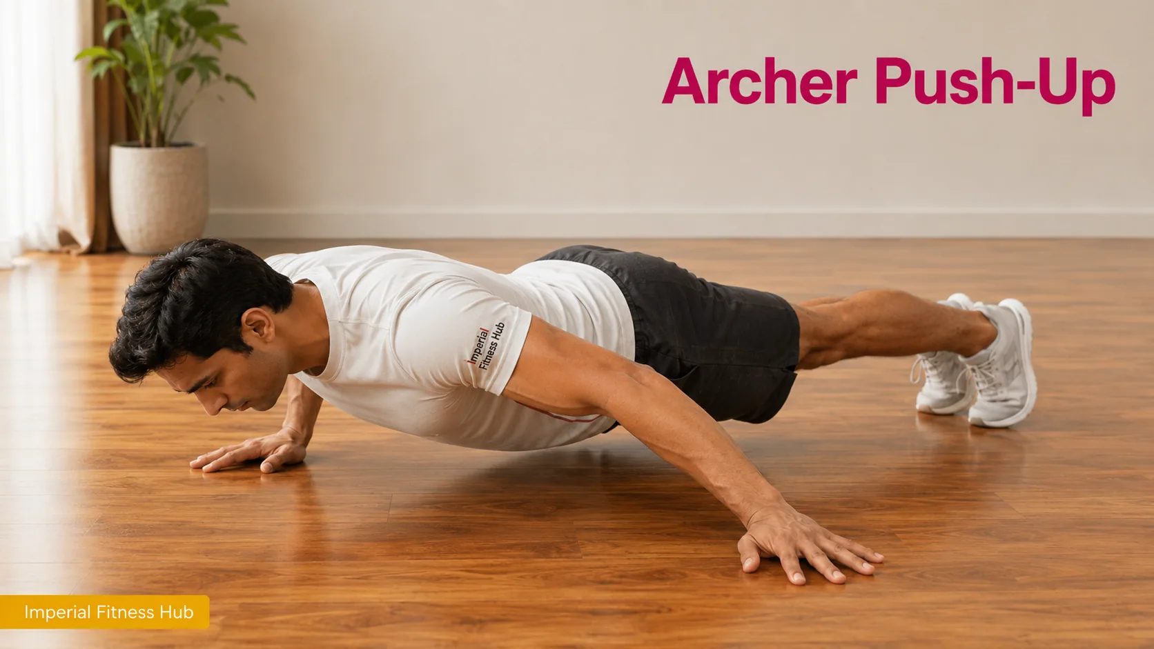 Man performing an archer push-up in a home workout space demonstrating proper bodyweight chest exercise form