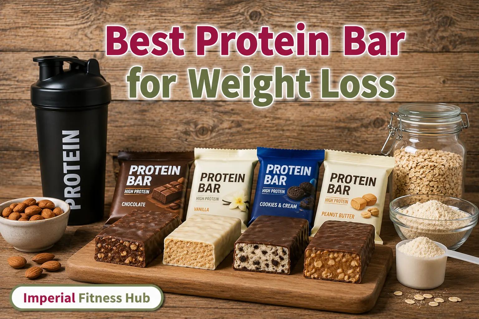 Best protein bar for weight loss featured image showing different protein bars, a protein shaker, almonds, oats, and protein powder on a wooden table with a rustic wood wall background.