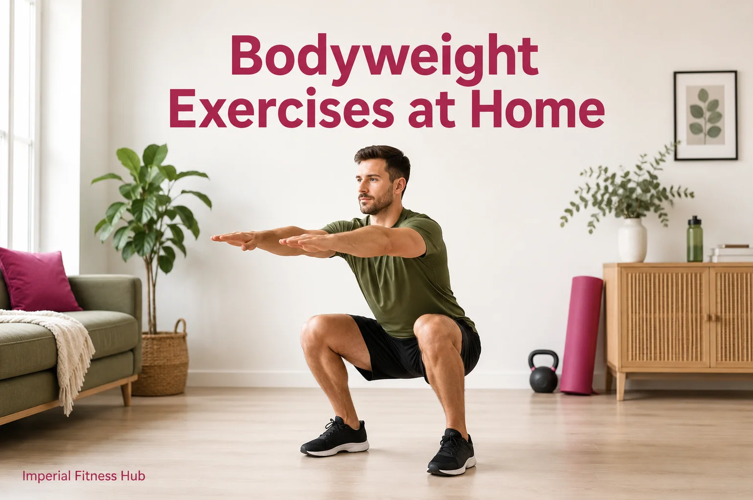 Fit man doing a bodyweight squat at home with the text Bodyweight Exercises at Home and Imperial Fitness Hub tag.
