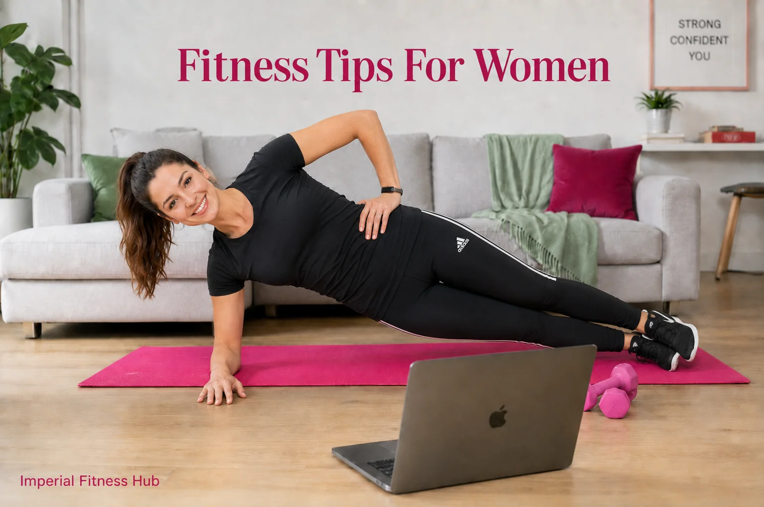 Woman doing a side plank on a pink exercise mat at home with a laptop and dumbbells, showing fitness tips for women.