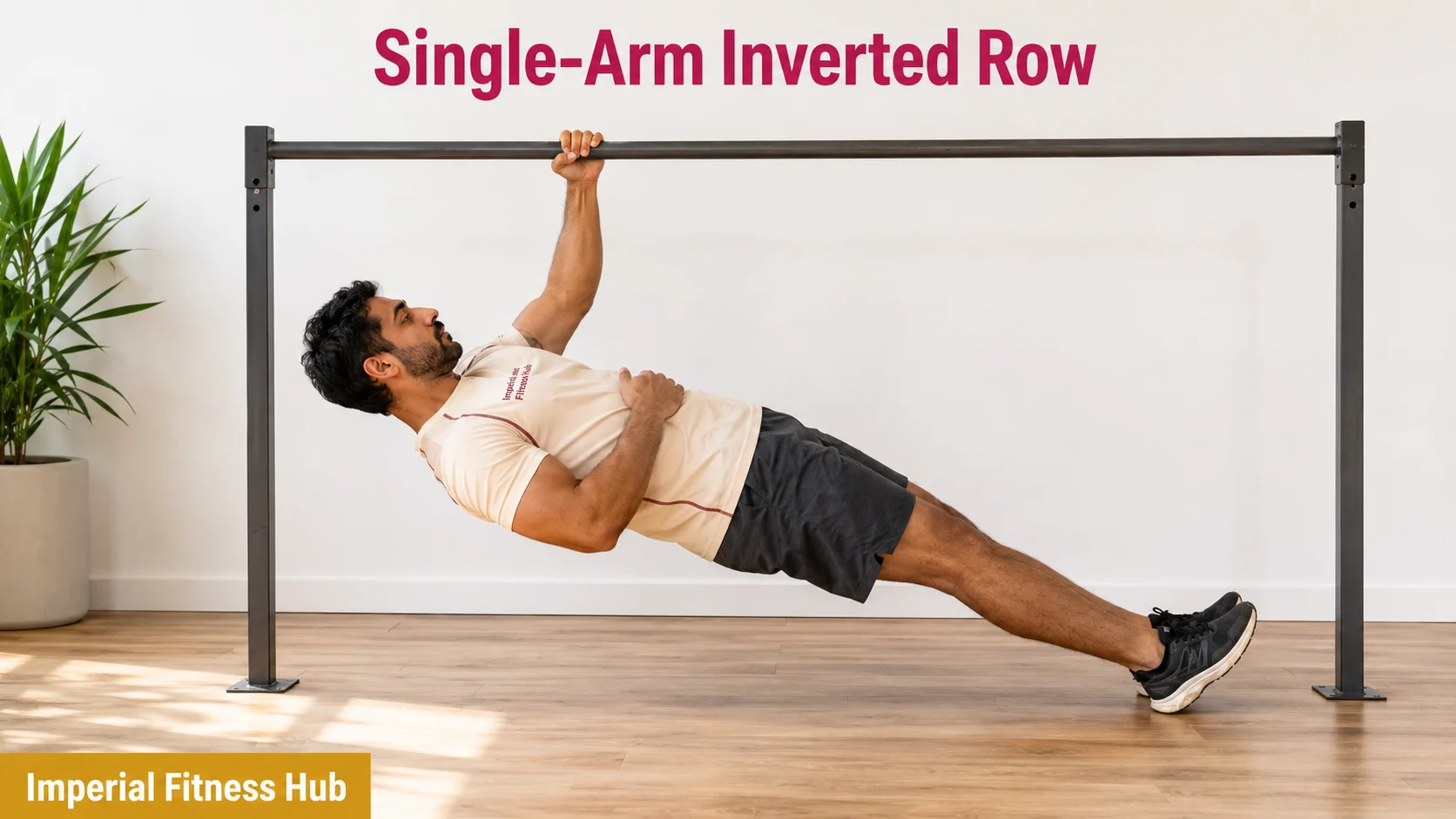 man lying beneath horizontal bar gripping it with one hand while body remains straight