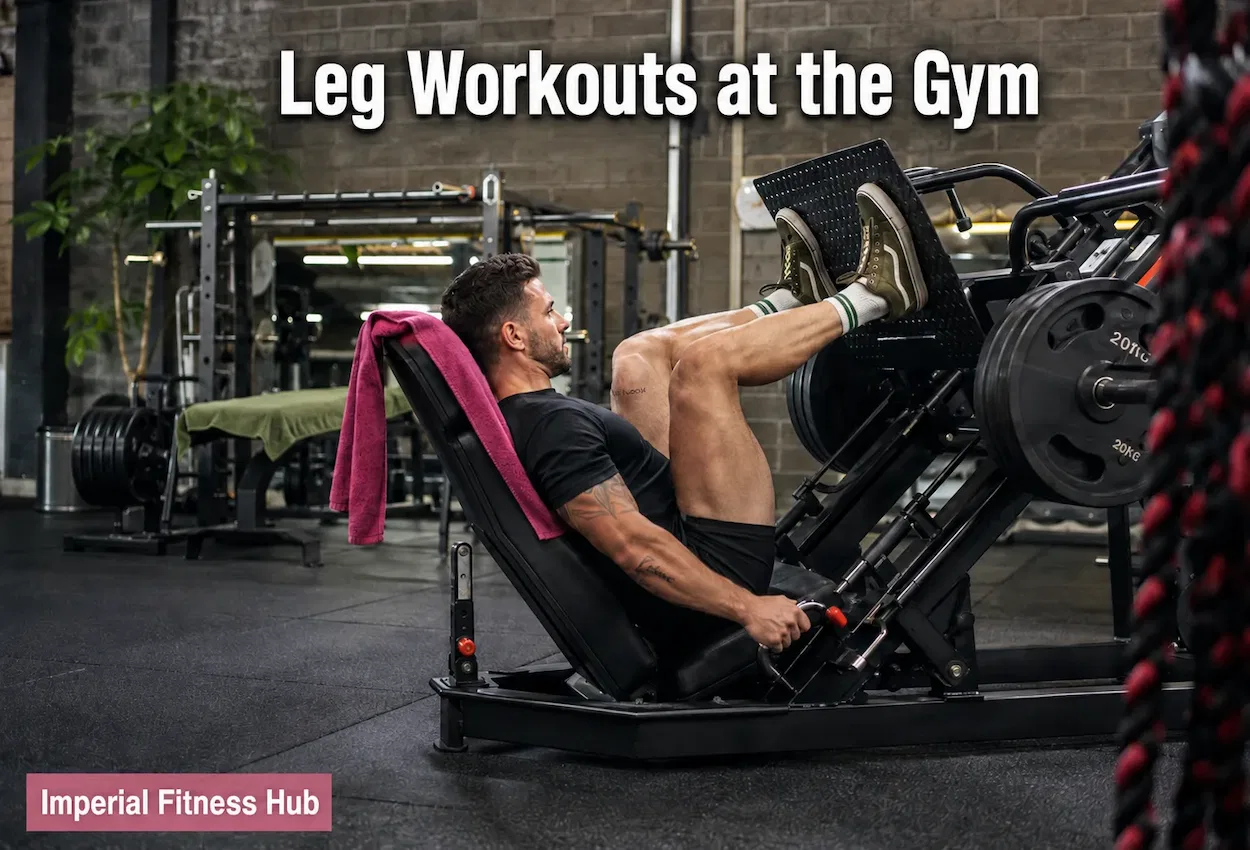 Man performing leg press exercise in a gym with text “Leg Workouts at the Gym” and Imperial Fitness Hub branding.