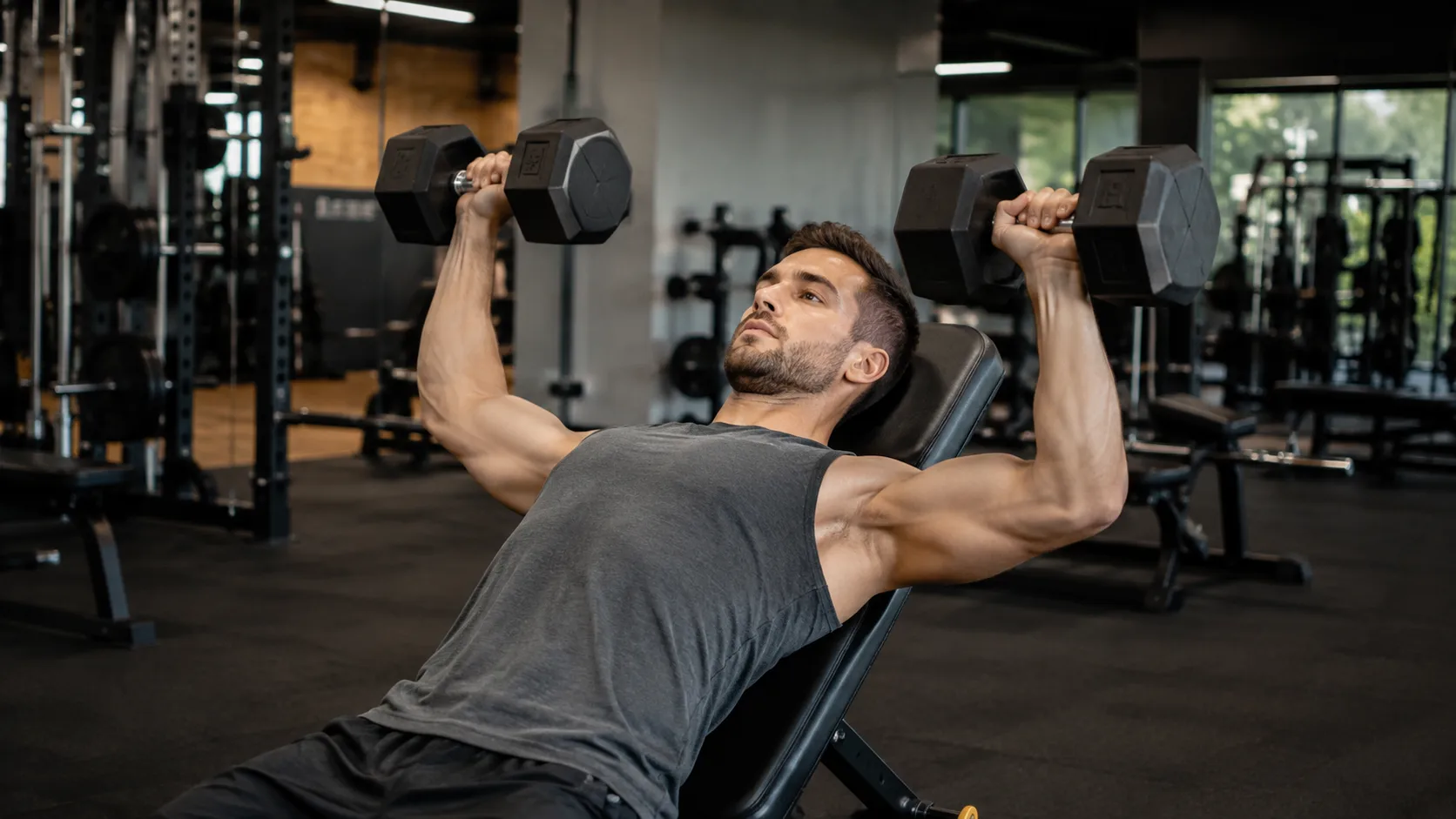 Man performing an incline dumbbell press during a push day workout in a modern gym.